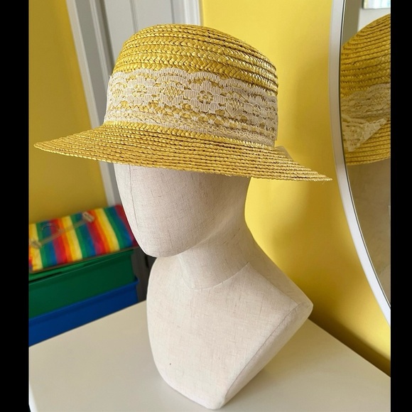 🌈 Hat & 2 bands : yellow straw hat / neutral lace ribbon and rainbow bandana - Picture 3 of 16